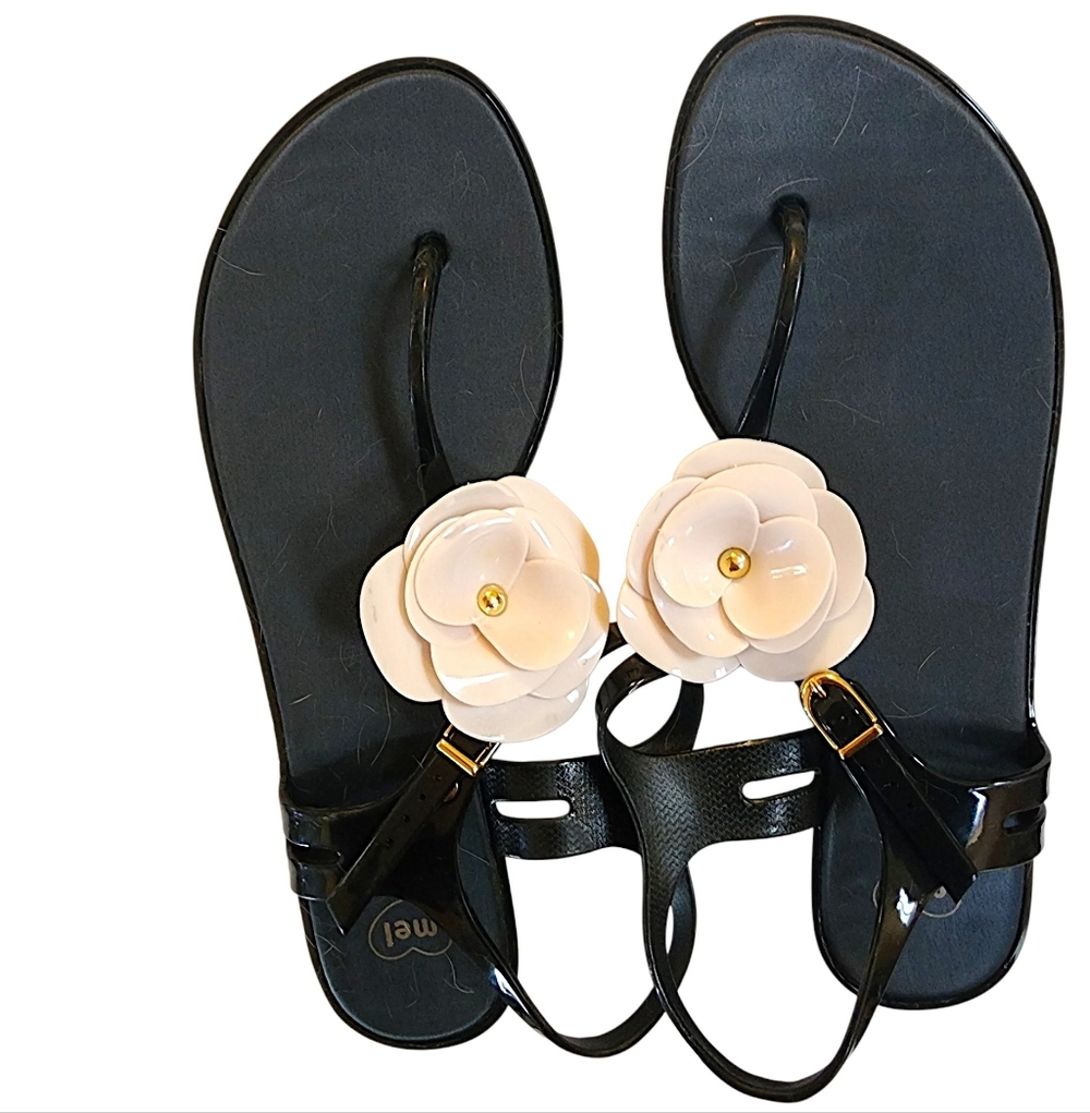 Melissa Black Sandals with Cream Flower Accents